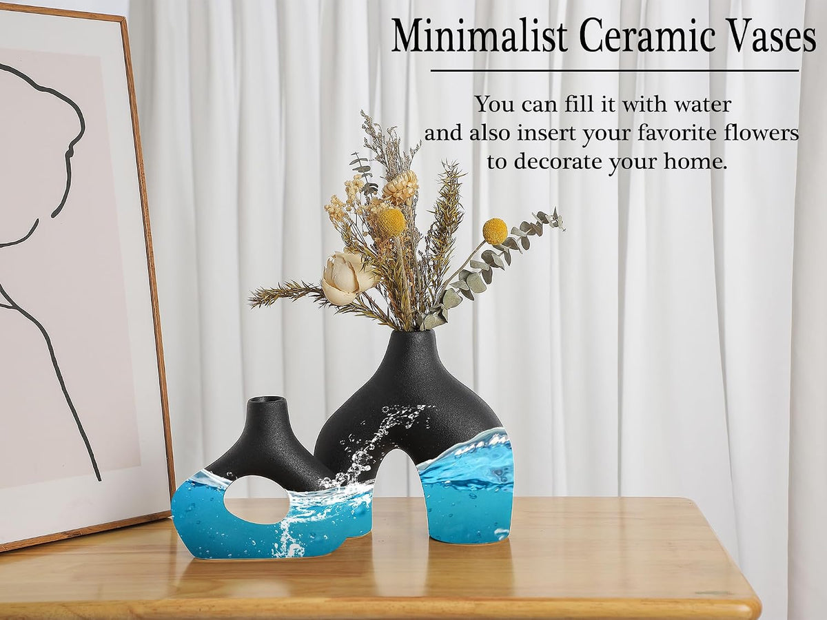 CEMABT Black Ceramic Vase Set of 2 for Modern Minimalist Bohemian Decor，Round Matte Donut Vases for Pampas Grass-Perfect for Living Room, Dining Table, Office Bedroom Shelf Decor Entryway, Console
