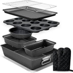9 PCS Bakeware Sets, Baking Pans for Oven with Wider Grips, Baking Pan Set with Roasting Pan, Baking Pan, Cake Pan, Square Cake Pan, Loaf Pan, 12-Cup Muffin Pan, Cooling Rack and Oven Mitts