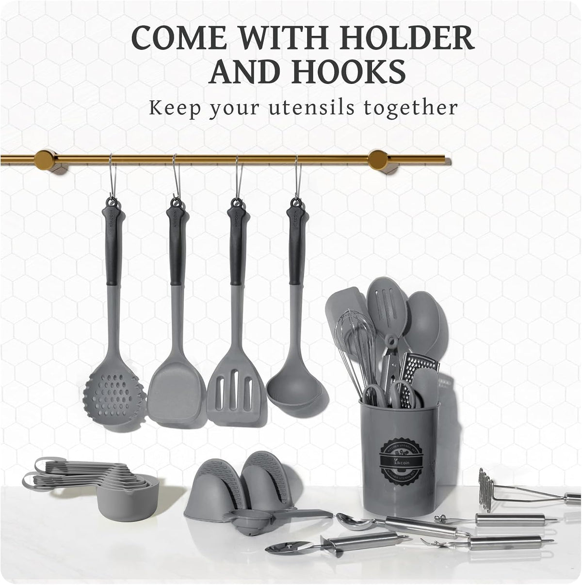 Kikcoin 43 PCS Silicone Kitchen Utensils Set, Cooking Utensils Set, Gray