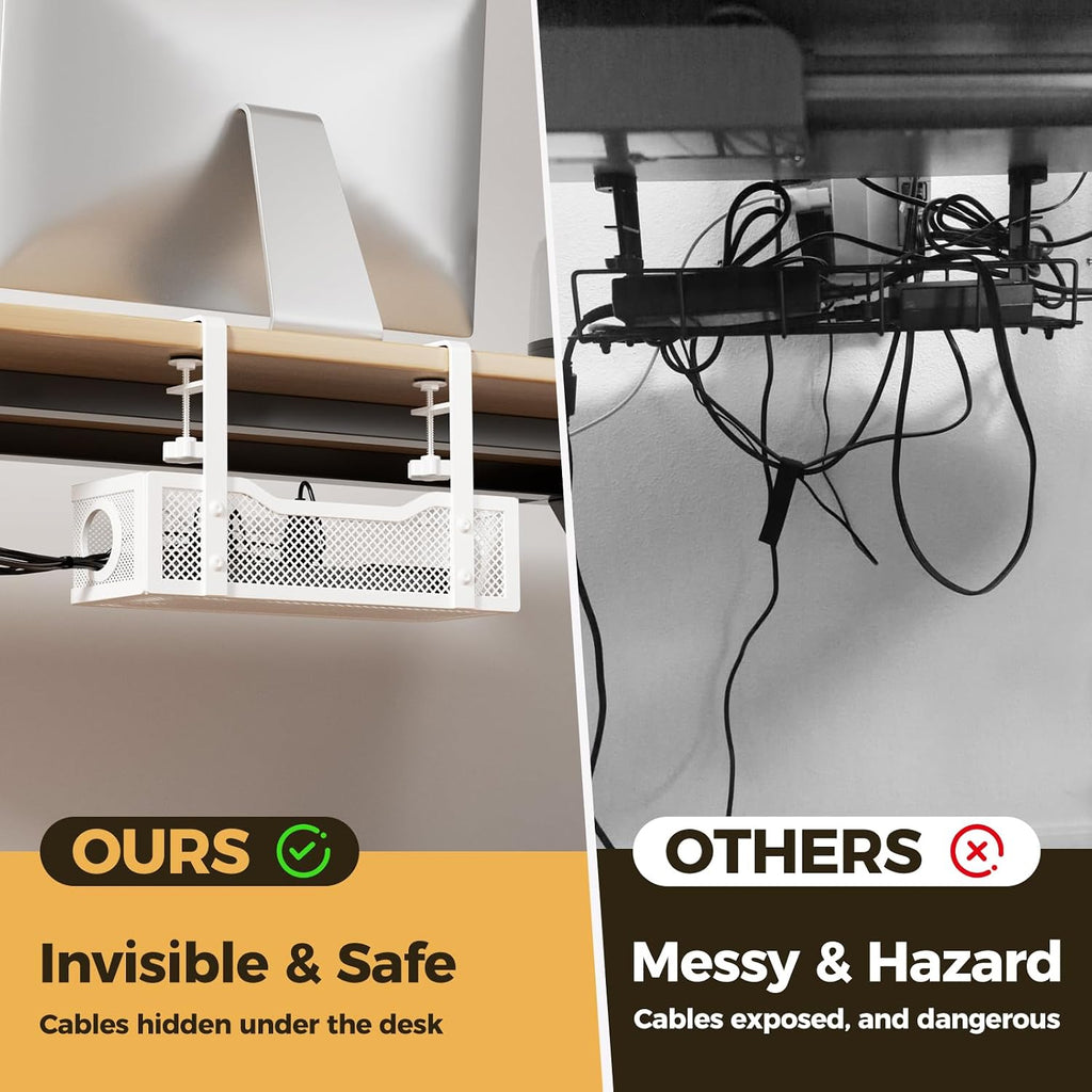 Under Desk Cable Management Tray, 13.4" Metal Cord Organizer, White
