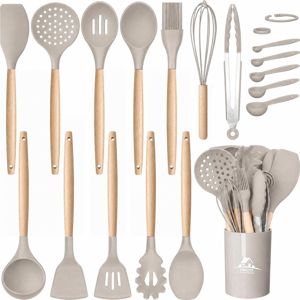 MIBOTE Silicone Cooking Kitchen Utensils Set, 17 Pcs, Wooden Handle, Grey