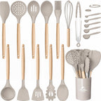 MIBOTE Silicone Cooking Kitchen Utensils Set, 17 Pcs, Wooden Handle, Grey