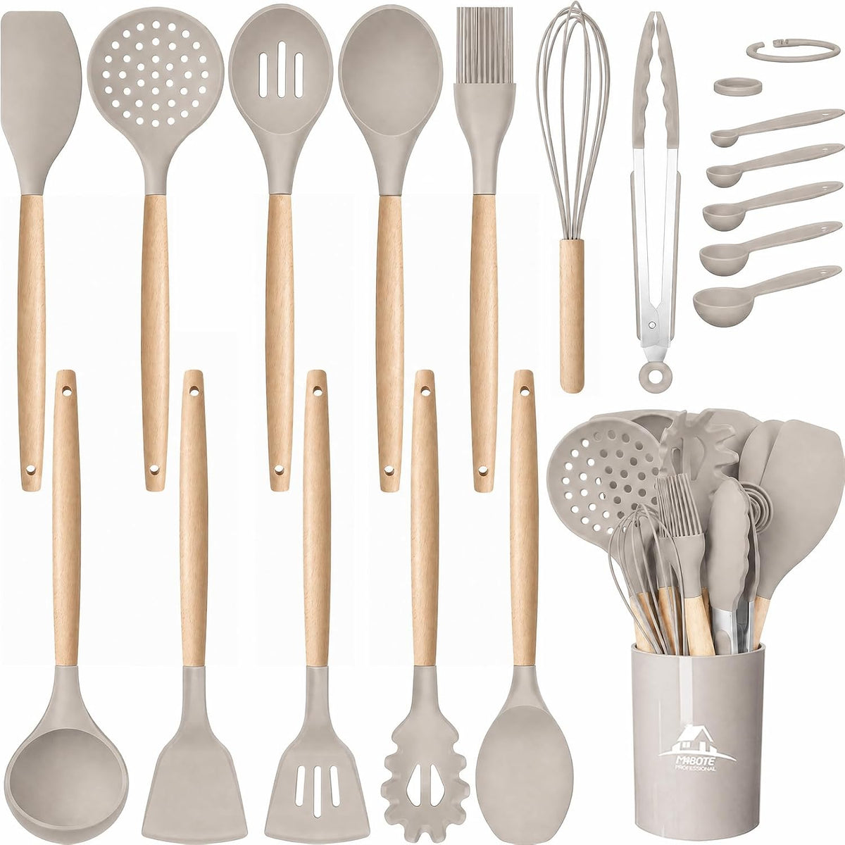 MIBOTE Silicone Cooking Kitchen Utensils Set, 17 Pcs, Wooden Handle, Grey