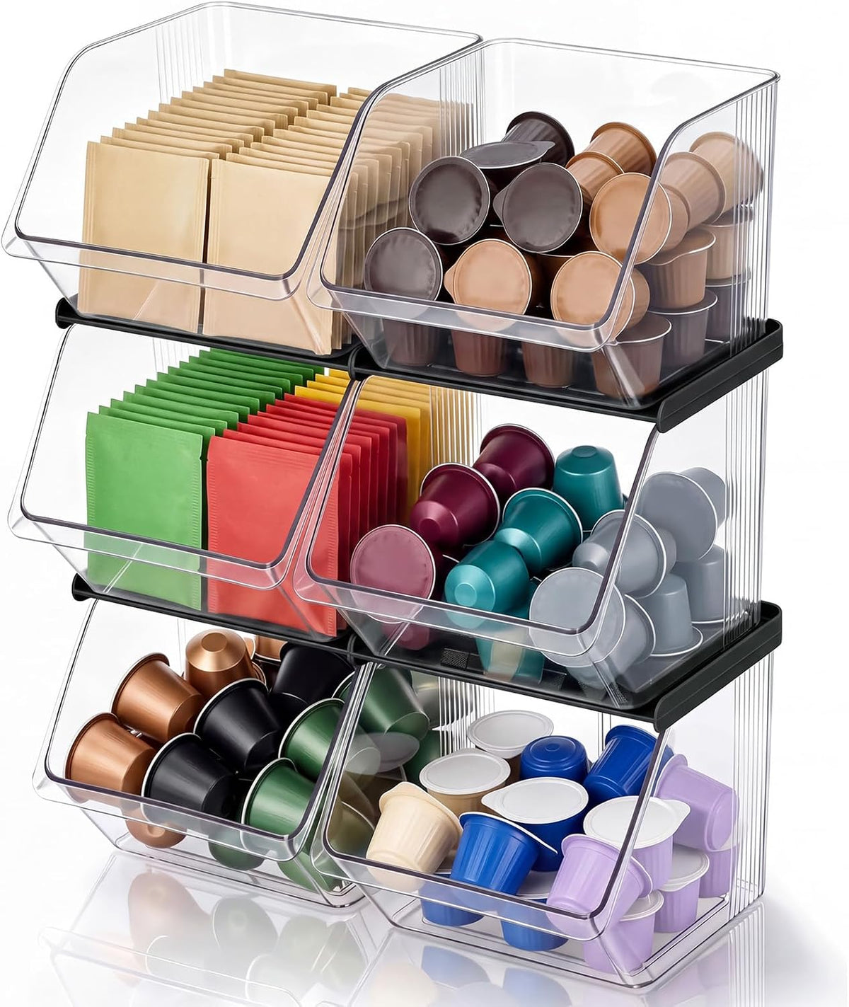 6 Pcs Stackable Plastic Storage Bins, Open Front, Black