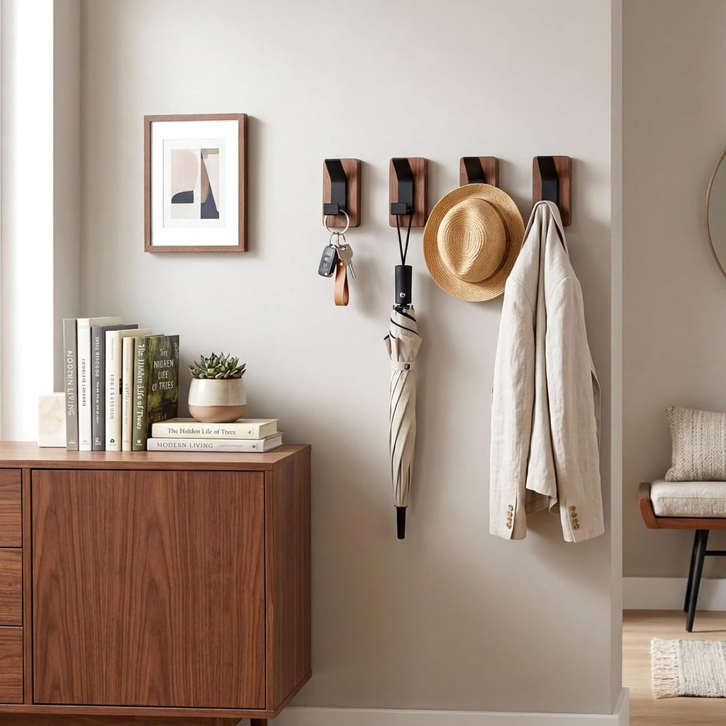 4-Pack Wood Wall Hooks, Solid Walnut Coat Rack with Adhesive Mounting and Wall Mounted, Decorative Hangers for Entryway, Mudroom, Bathroom, Farmhouse Style for Towels, Hats, Keys, Bags, Robes