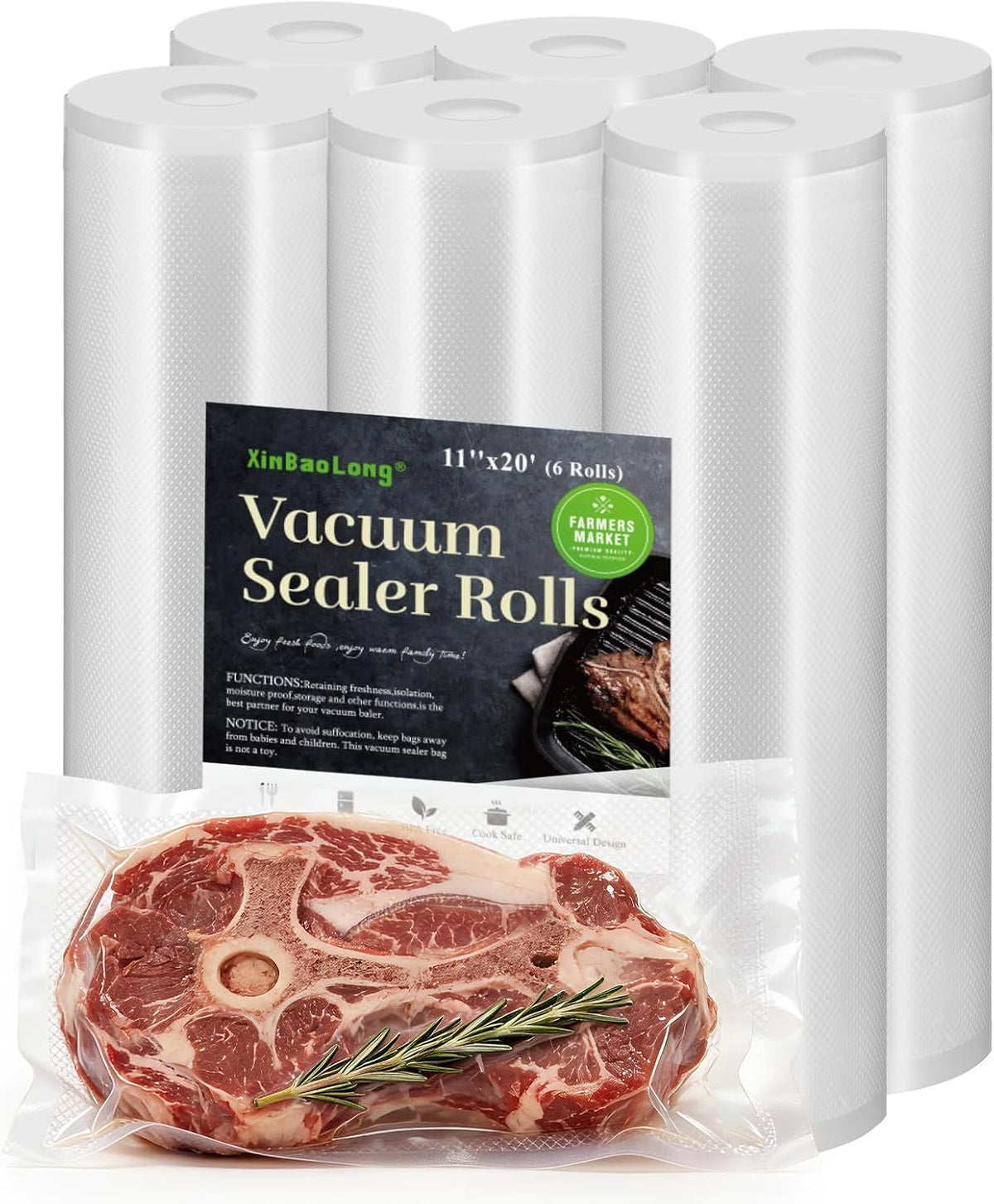 Kitchen Essentials, Vacuum Sealer Bags, 6 Rolls 11"x20', 120Feet