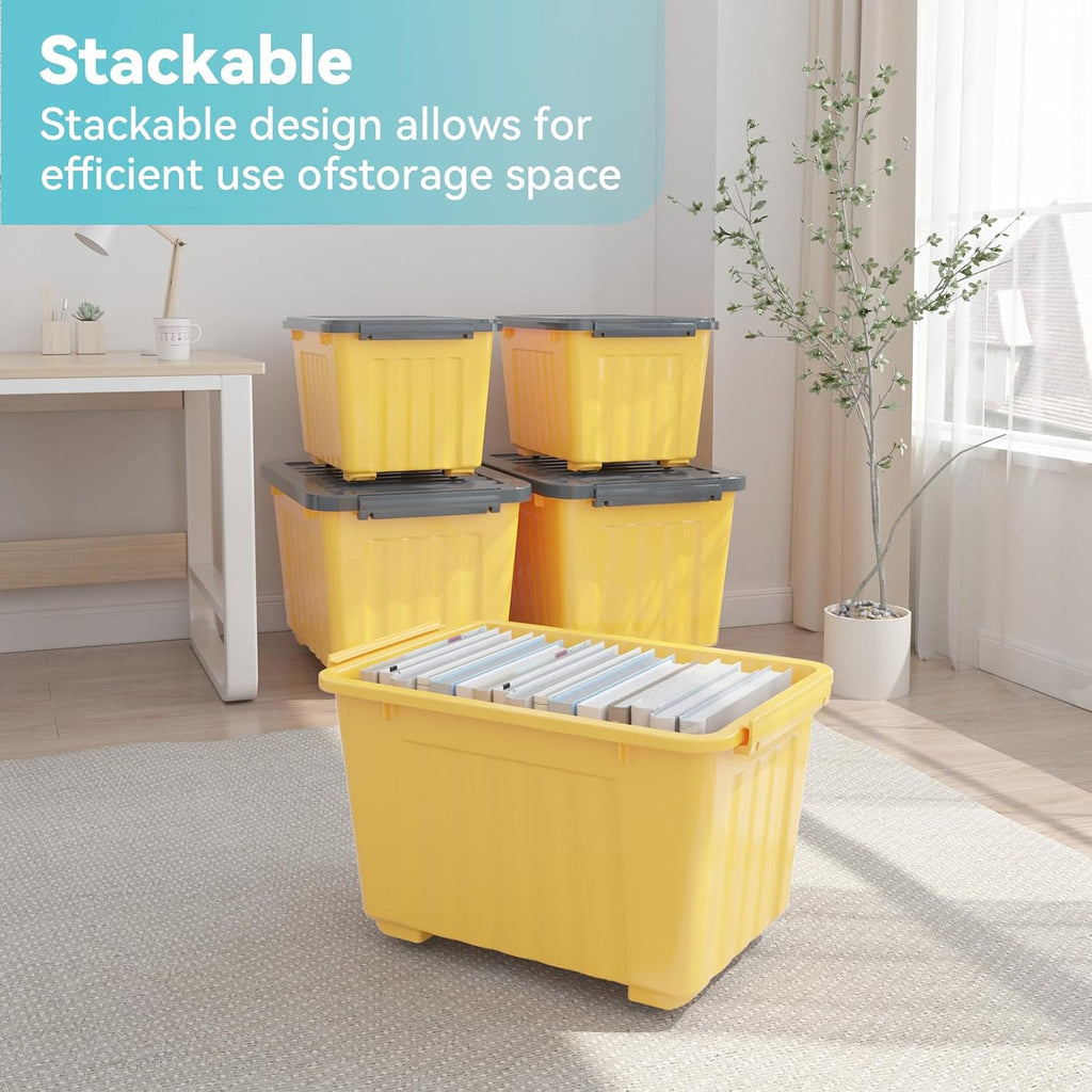 72 Quart Plastic Storage Bin On The Wheels, Stackable and Nestable Storage Boxes with Lids and Secure Latching Buckles, Large Storage Container (Yellow/Purple, 72Quart-6Pack)