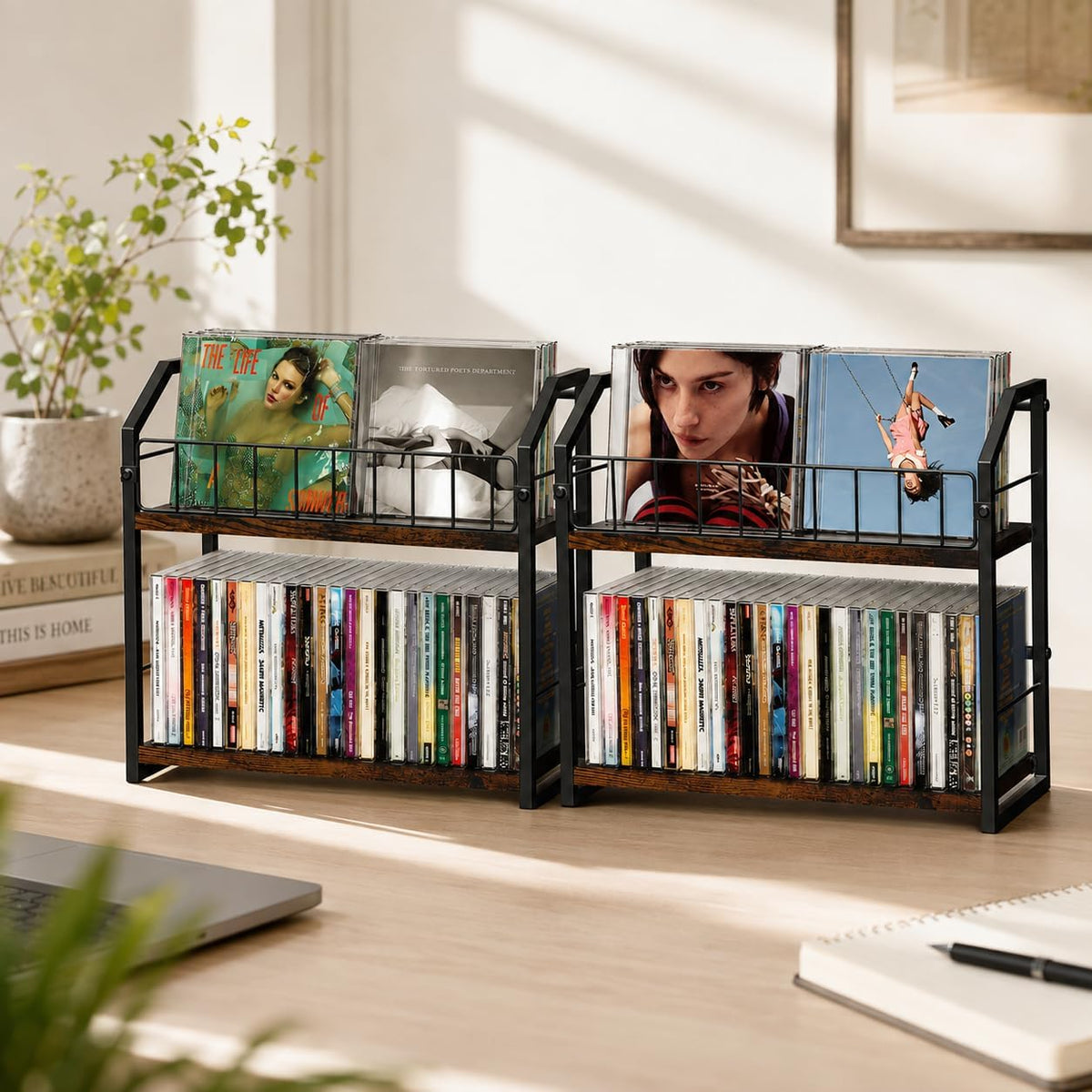 CD Storage Rack, 2 Tier CD holder & Display, 120 Capacity- Brown 2 Pack