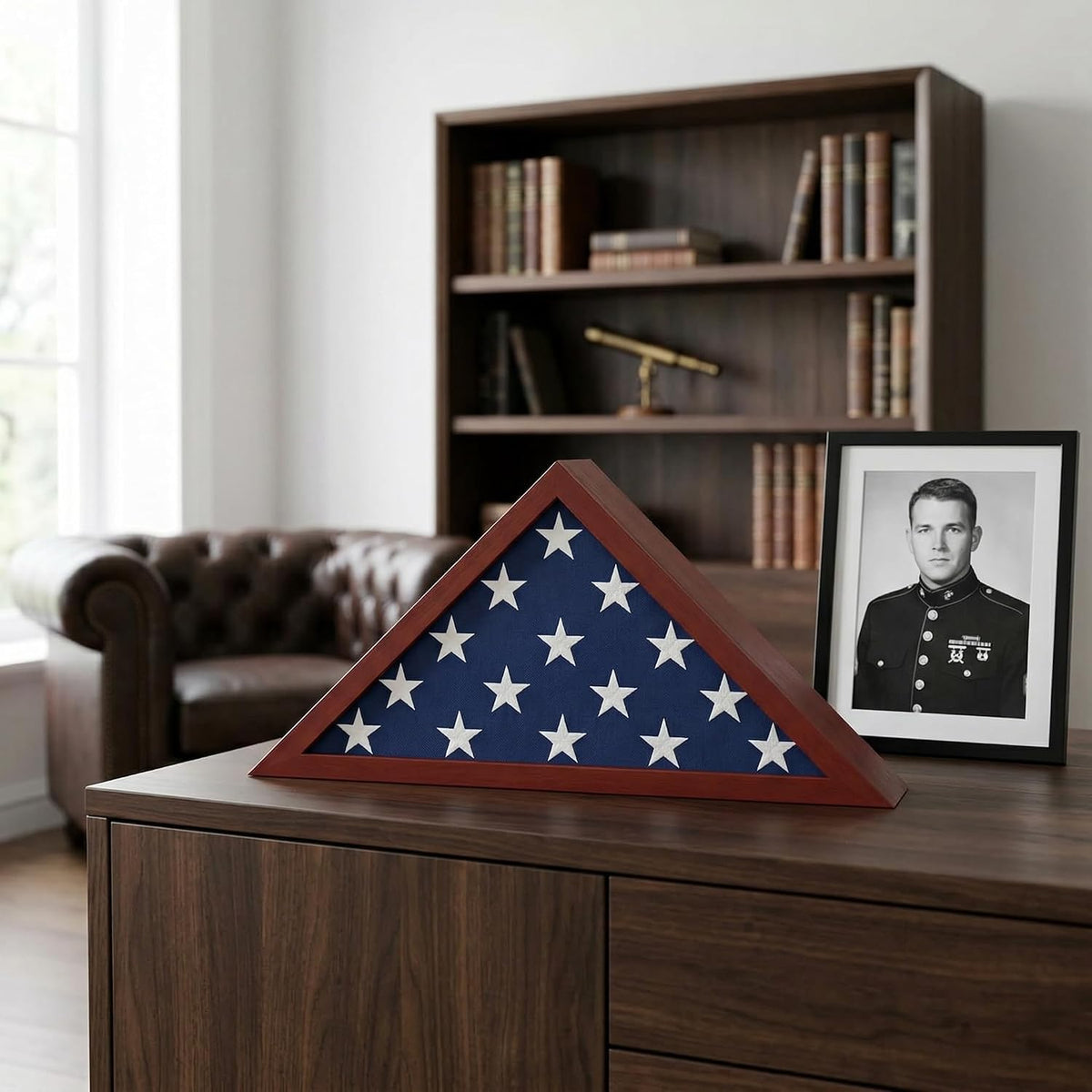 Americanflat Large Flag Display Case for Folded 5x9.5' Burial Flags - Engineered Wood Display Box for Wall or Tabletop - Silhouette Collection - Mahogany