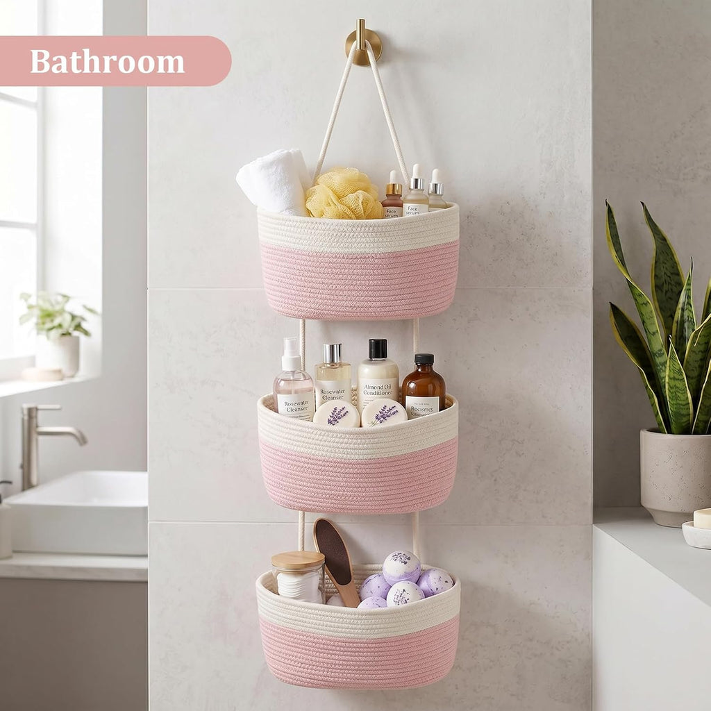 TeoKJ Over the Door Hanging Storage Basket 3 Tier Wall Organizer White&Pink