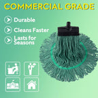 Matthew Large Heavy Duty Mop Head Commercial Replacement for General and Floor Cleaning, Screw-on Wet Industrial Cotton Looped End String Head Refill (Green 6Pack) w/Built-in Flexible Bristle Brush