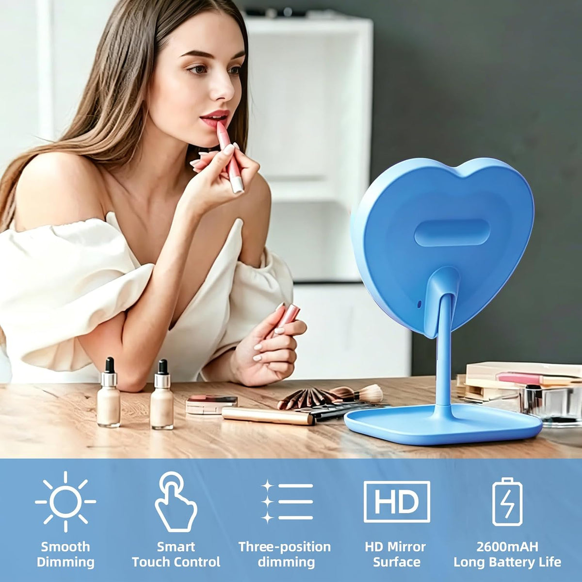 Heart Vanity Mirror, 3 Light Colors, Blue