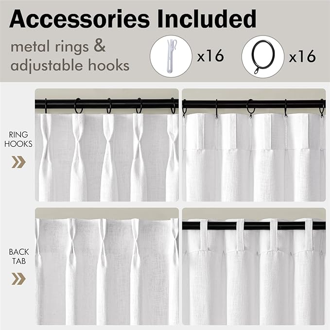 MIULEE Pinch Pleated White Thick Linen Curtains 102 Inches Long 2 Panels - Image 8