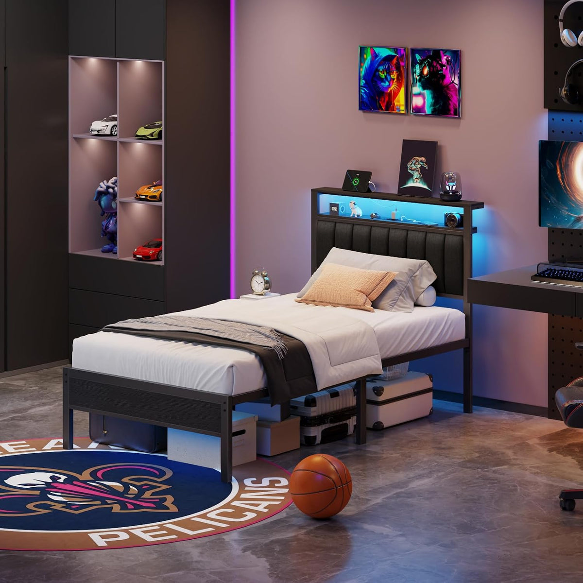Furnulem Twin Size Bed Frame with Charging Station and LED Lights