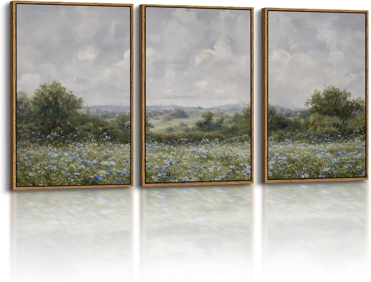 VIYYIEA Large Framed Canvas Wall Art, 3 Pcs Above Bed Wall Decor, Nature Farm Vintage Landscape Paintings Decor for Living Room, 16x24inch