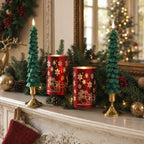Lezonic Christmas Flameless Candles with Remote, Green Christmas Tree Flickering Battery Operated Window Candlesticks, Red Glass Xmas New Year Decorations Gifts, Set of 4 Real Wax LED Candles
