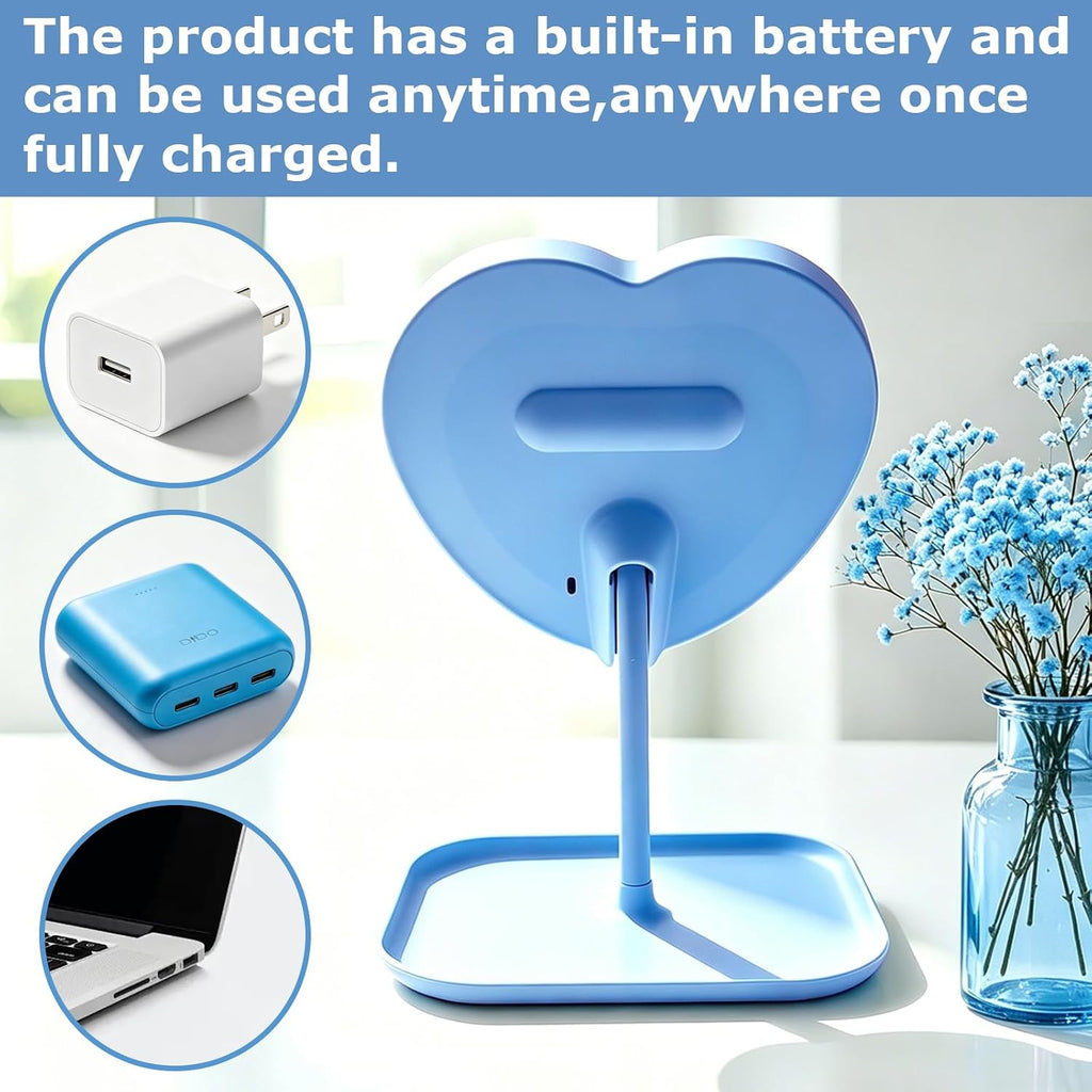 Heart Vanity Mirror, 3 Light Colors, Blue