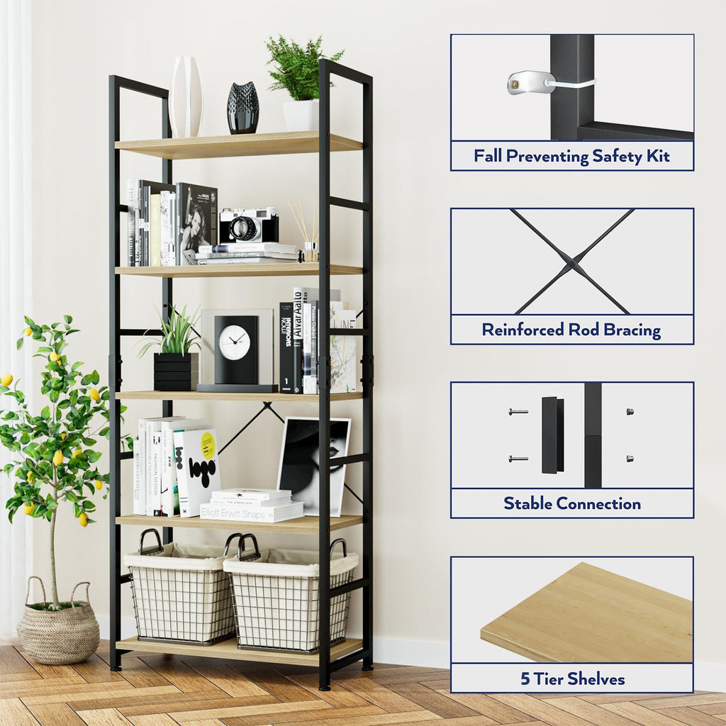 NUMENN 5 Tier Bookshelf, Tall Freestanding Open Storage Bookcase, Natural