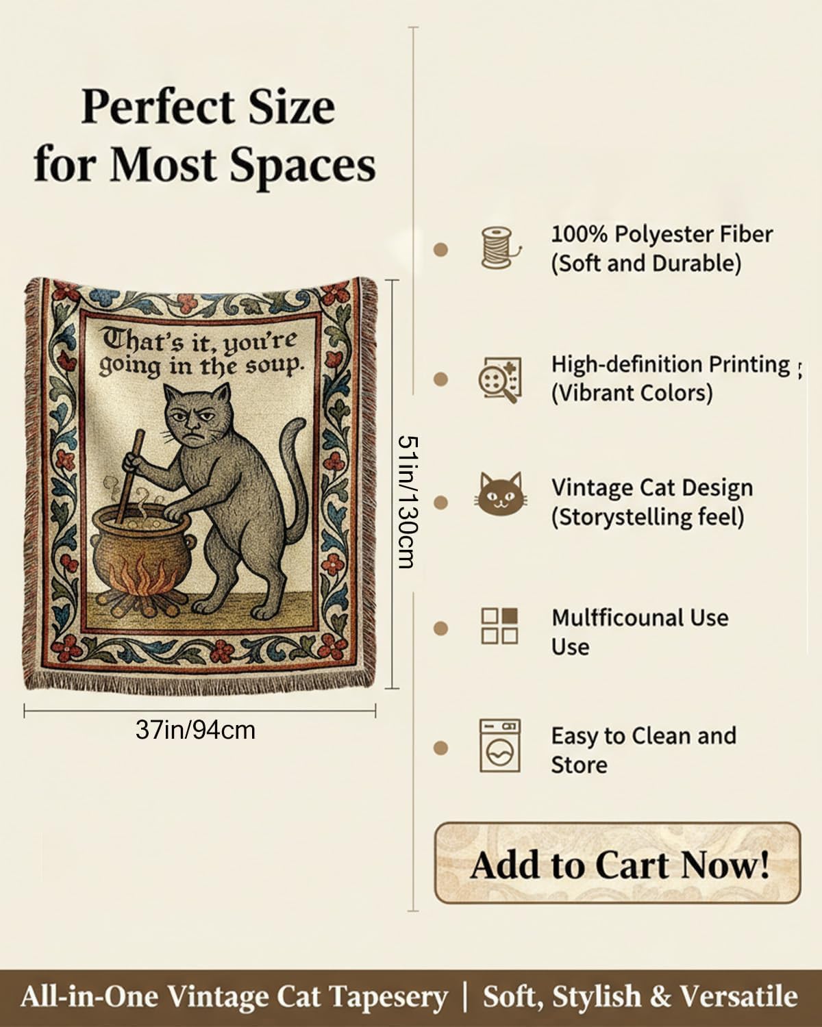 mevious Weird Medieval Cat Woven Tapestry, Vintage Cat Themed Woven Sofa Blanket, Wall Hanging Art Handicrafts, Soft and Cozy Multipurpose Blanket, With Fringe Tassels, Home Decor for Cats Lovers