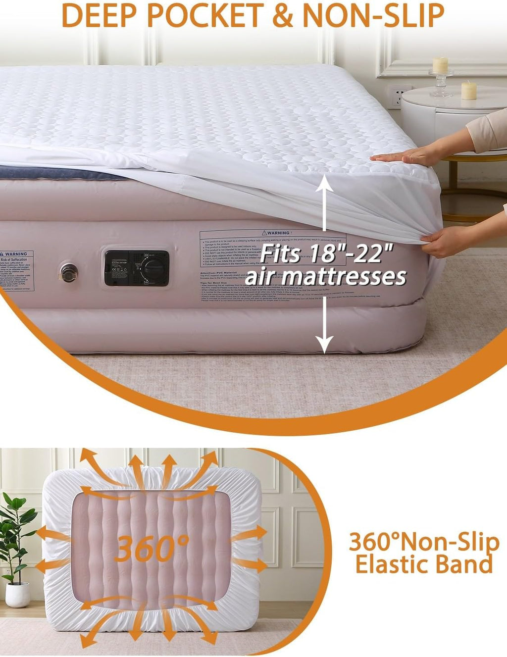 Bedecor Quilted Air Mattress Pad, Pump Access Zipper, Queen, White Oval
