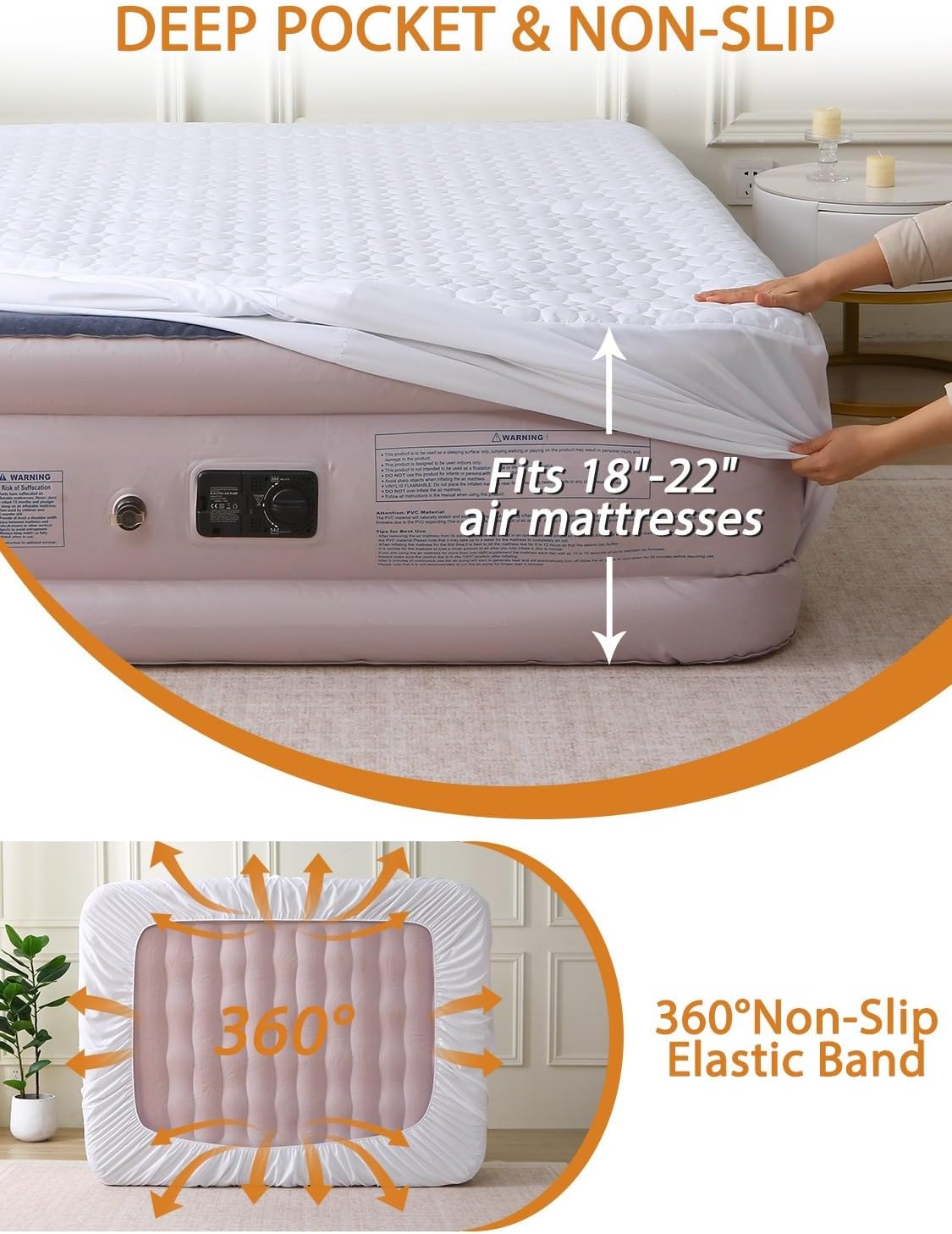 Bedecor Quilted Air Mattress Pad, Pump Access Zipper, Queen, White Oval