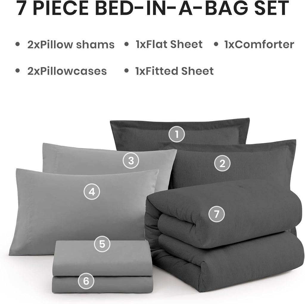 Monbix Queen Comforter Set 7 Pieces Dark Grey Cationic Dyeing Bed in a Bag