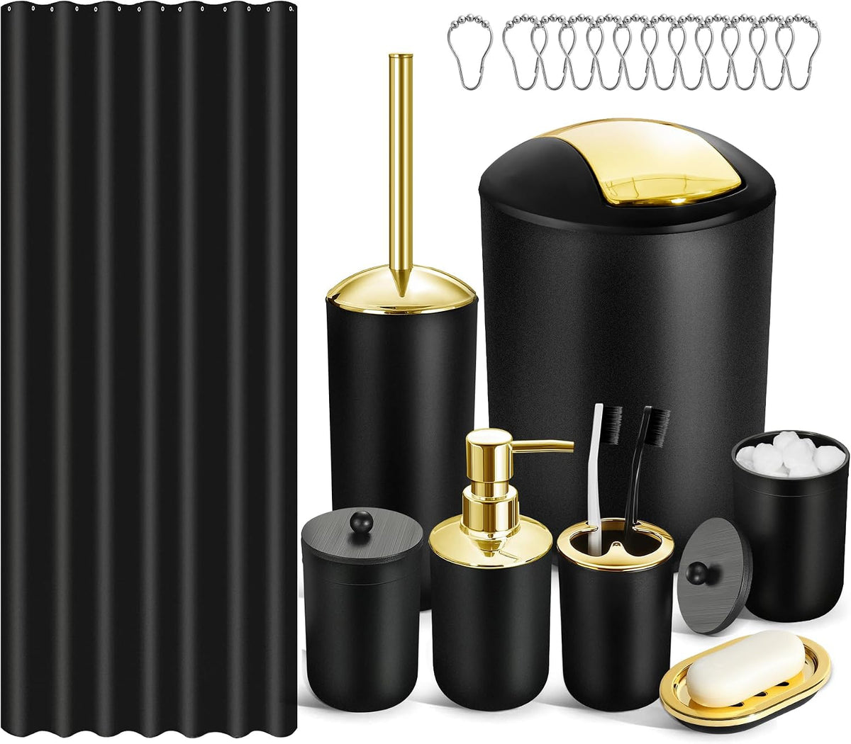 Black Bathroom Accessories Set, 10Pcs Bathroom Accessory Set with Trash Can, Soap Dispenser and Toothbrush Holder, Soap Dish, Cotton Ball & Qtip Holder, Toilet Brush Holder, Tissue Box Cover