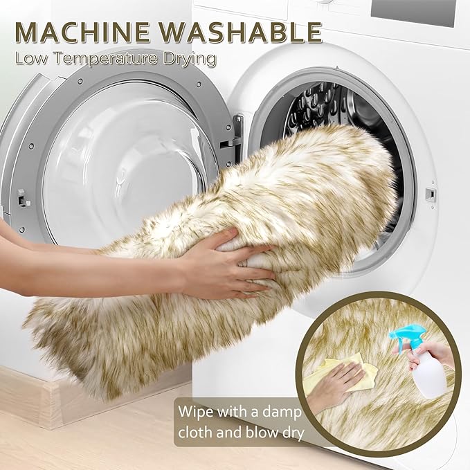 Ciicool Faux Sheepskin Rugs Soft Faux Fur Rug White Gradient Dark Green Fluffy - Image 6