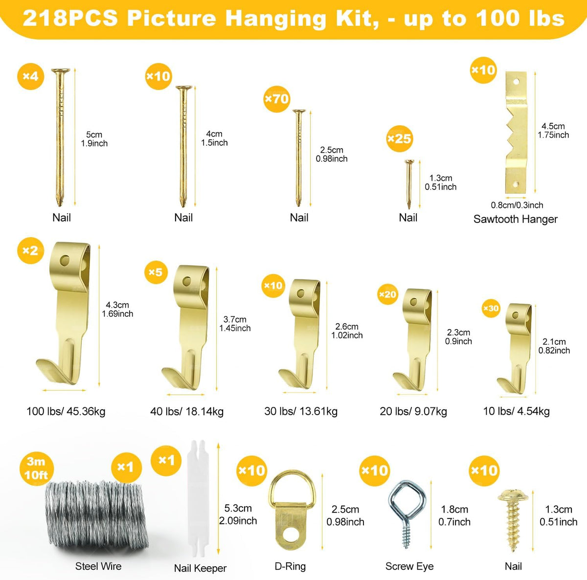 Picture Hanging Kit, Include Picture Hanging Tool with Level/ Picture Hanging Hareware/ Small Hammer, for Easy Hang and Level, Wall Hanging Kit Assorted with Sawtooth/ Wire Hanger