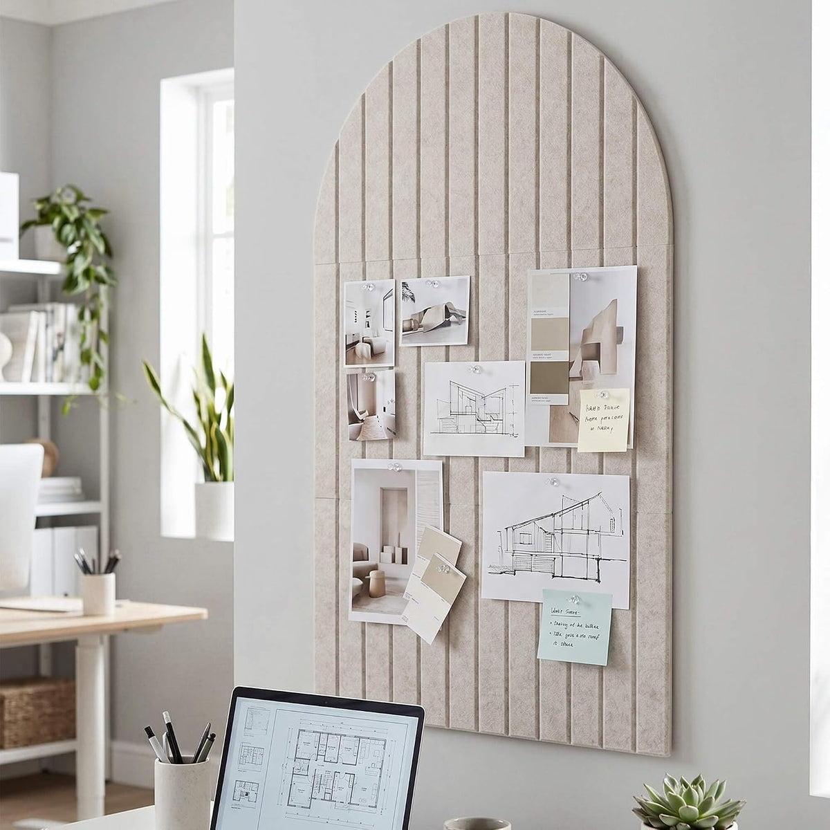 Large Arched Felt Bulletin Board, 35x24 Inch, with 6 Customizable Adhesive Tiles and Pins, for Office Wall Decor, Photo Display (Beige, Arched - 35 x 24 Inches)