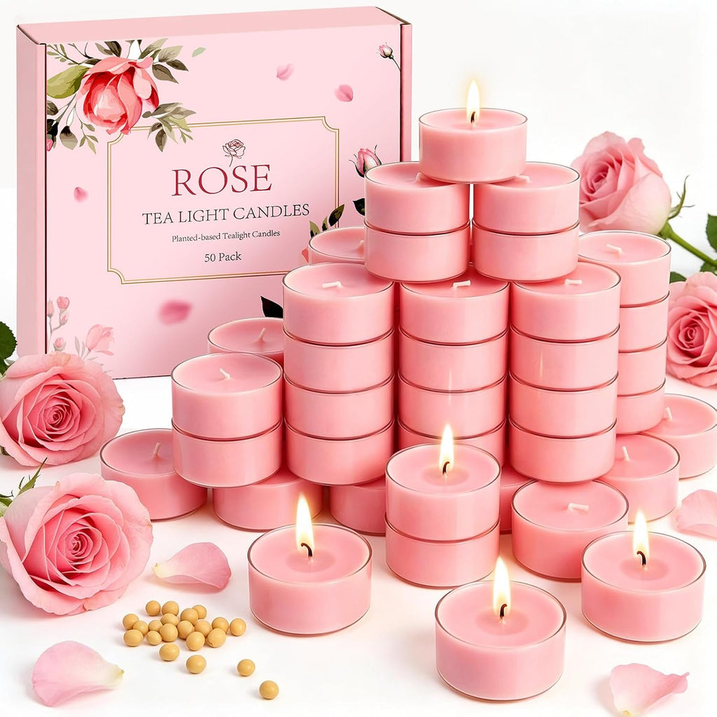Rose Scented Tea Light Candles 50 Pack Natural Soy Wax Tealight Candles