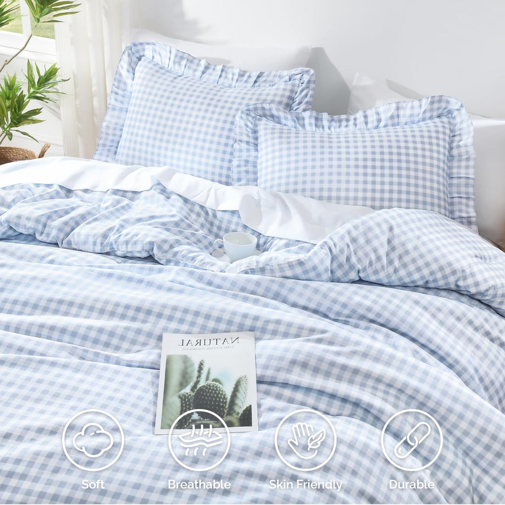 Andency Blue Gingham Ruffle Comforter Queen, 3 Pieces Vintage Bedding