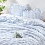 Andency Blue Gingham Ruffle Comforter Queen, 3 Pieces Vintage Bedding