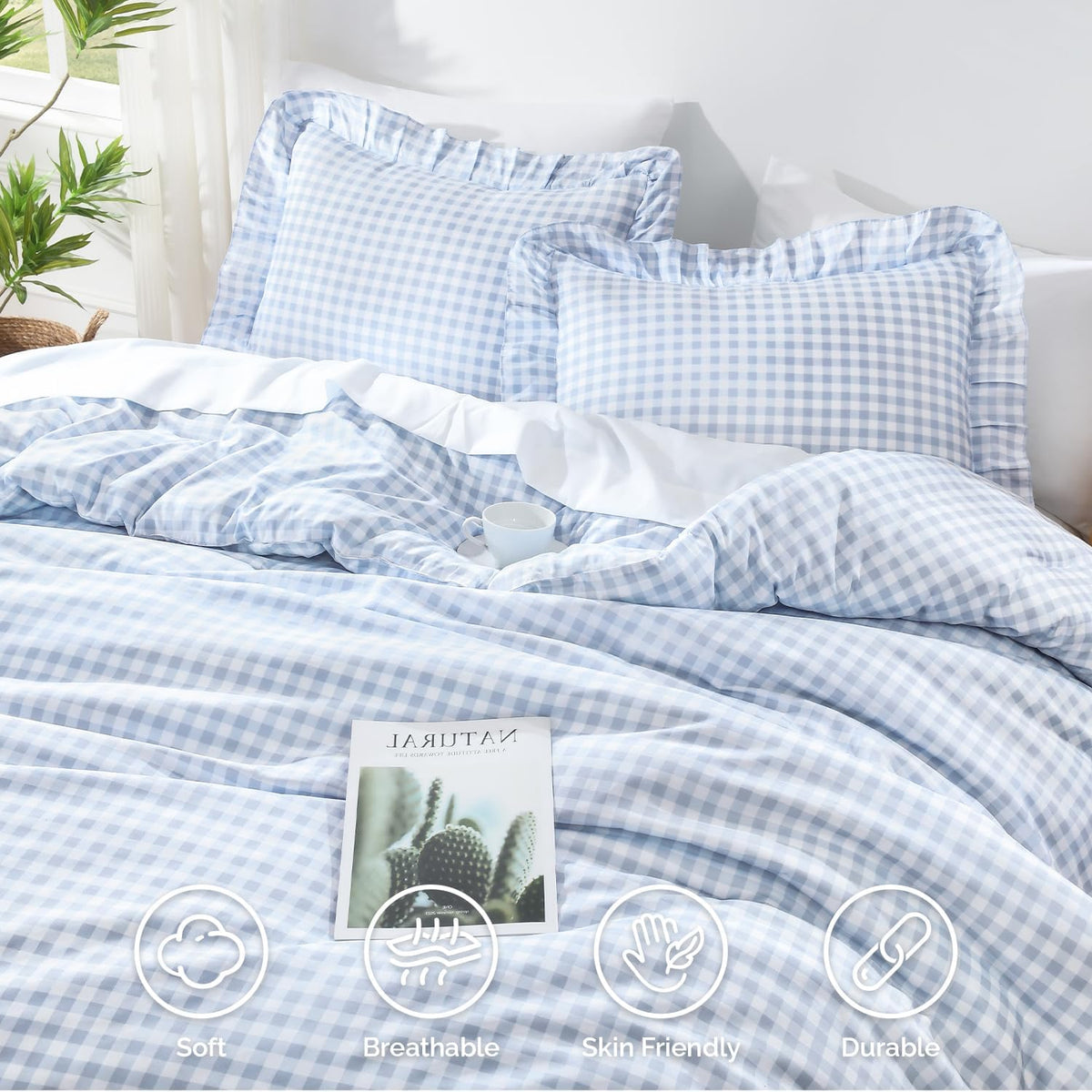 Andency Blue Gingham Ruffle Comforter Queen, 3 Pieces Vintage Bedding