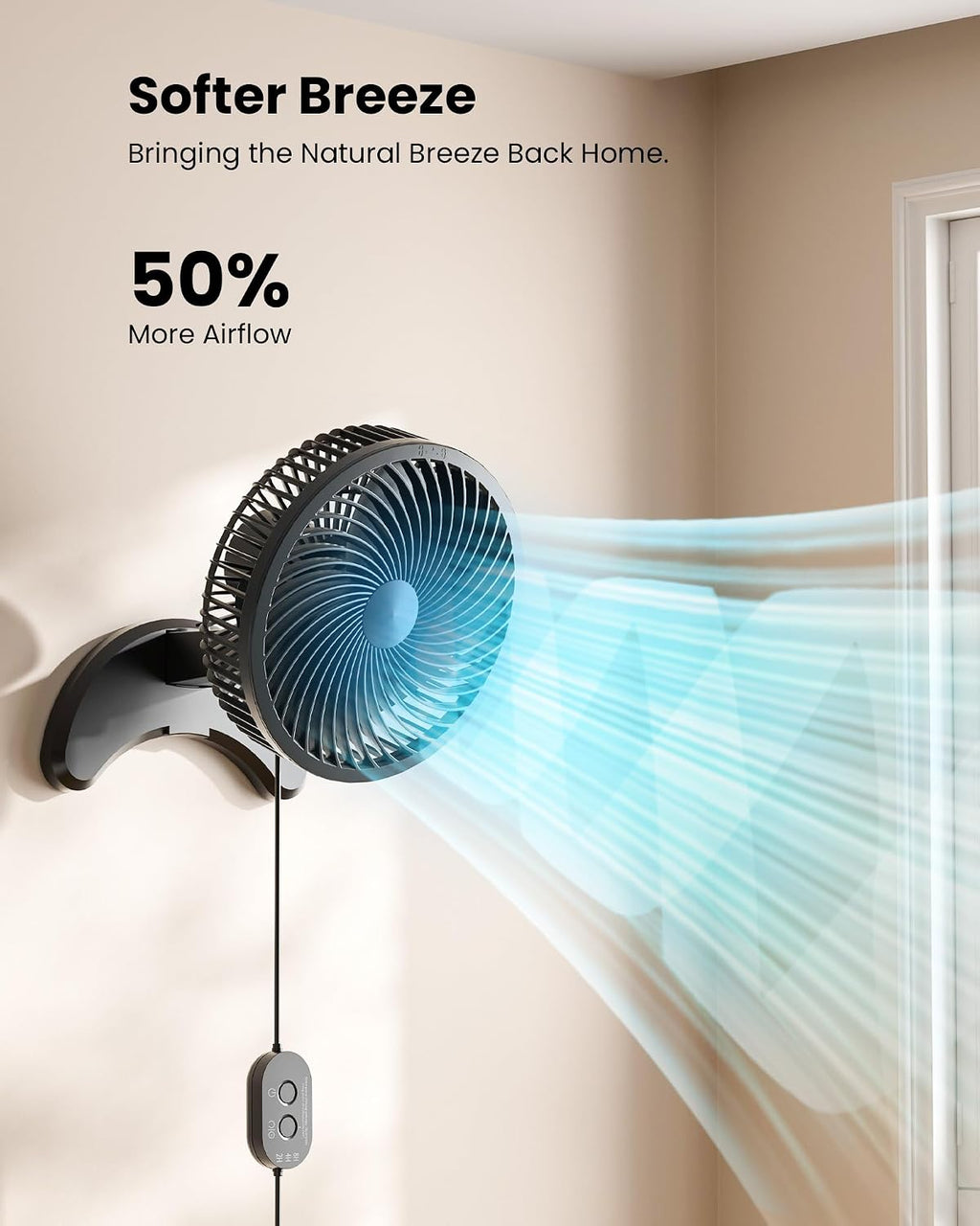 Koonie 8'' Wall Mount Fan, Quiet Small Fan with Timer, 8.2ft Wired Remote