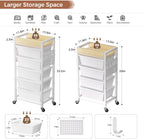 6 Tier Rolling Cart with Drawers, Plastic Drawer Storage Craft Cart with Pegboards & Hooks, Metal Utility Cart with Wheels & Wooden Tabletop, Classroom Office Art Supply Organizers and Storage, White
