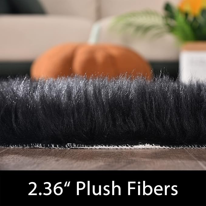 Latepis Black Faux Fur Round Rug 6.7ft Shag Sheepskin Rug - Image 2