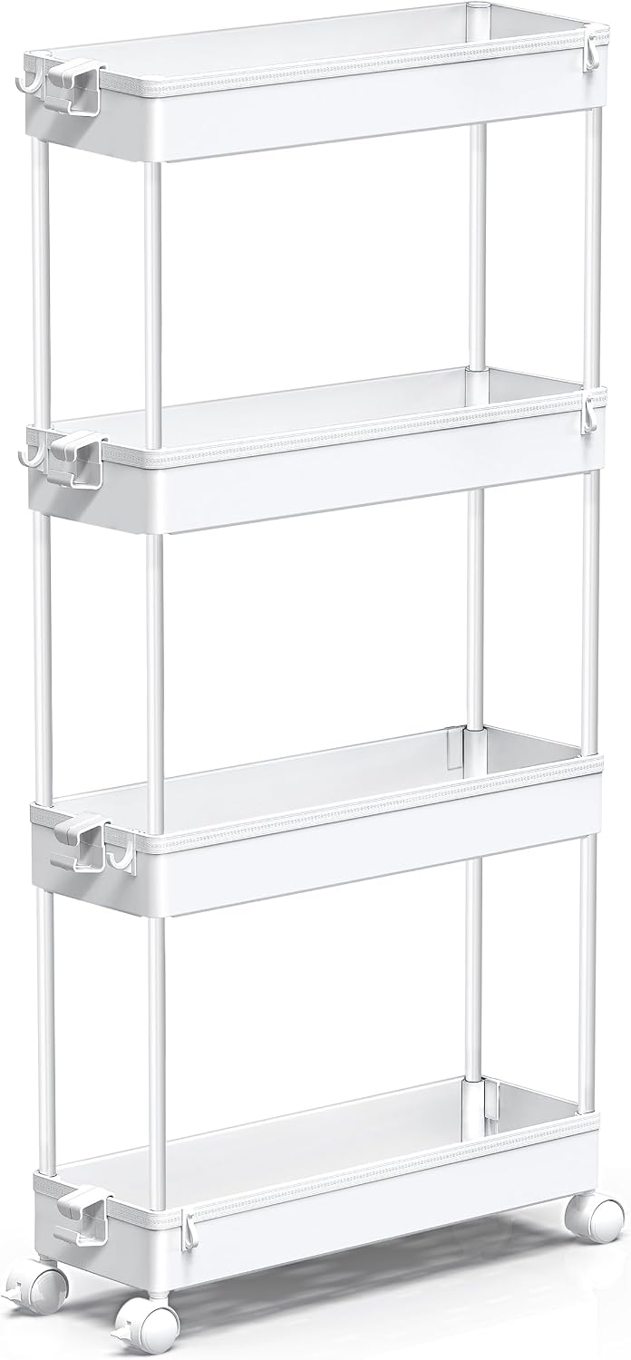 SPACEKEEPER Slim Rolling Storage Cart, 4 Tier Bathroom Cart Organizer,White