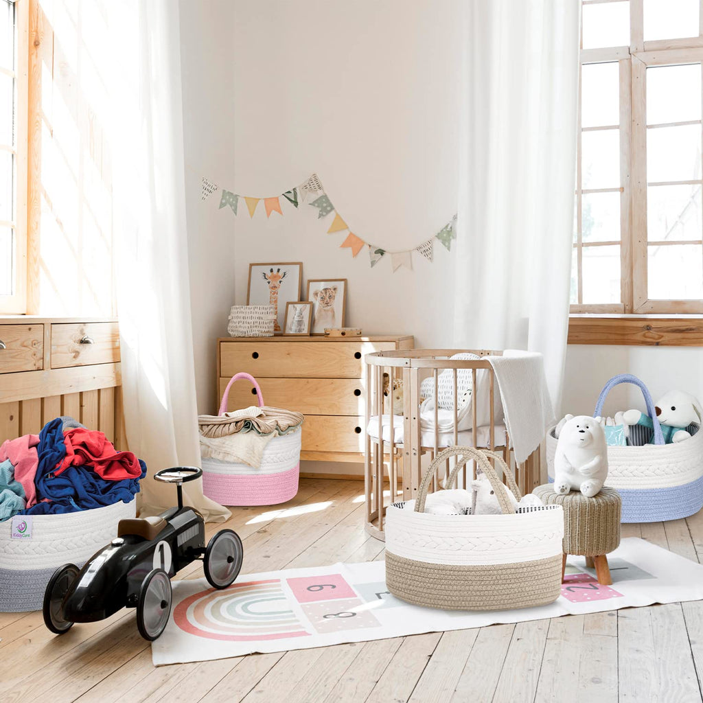 Diaper Caddy Organizer for Baby Nursery Basket with Handle Lid | Nursing bag with Changing Table Organizer Cart | Newborn Caddy | Grey Large size