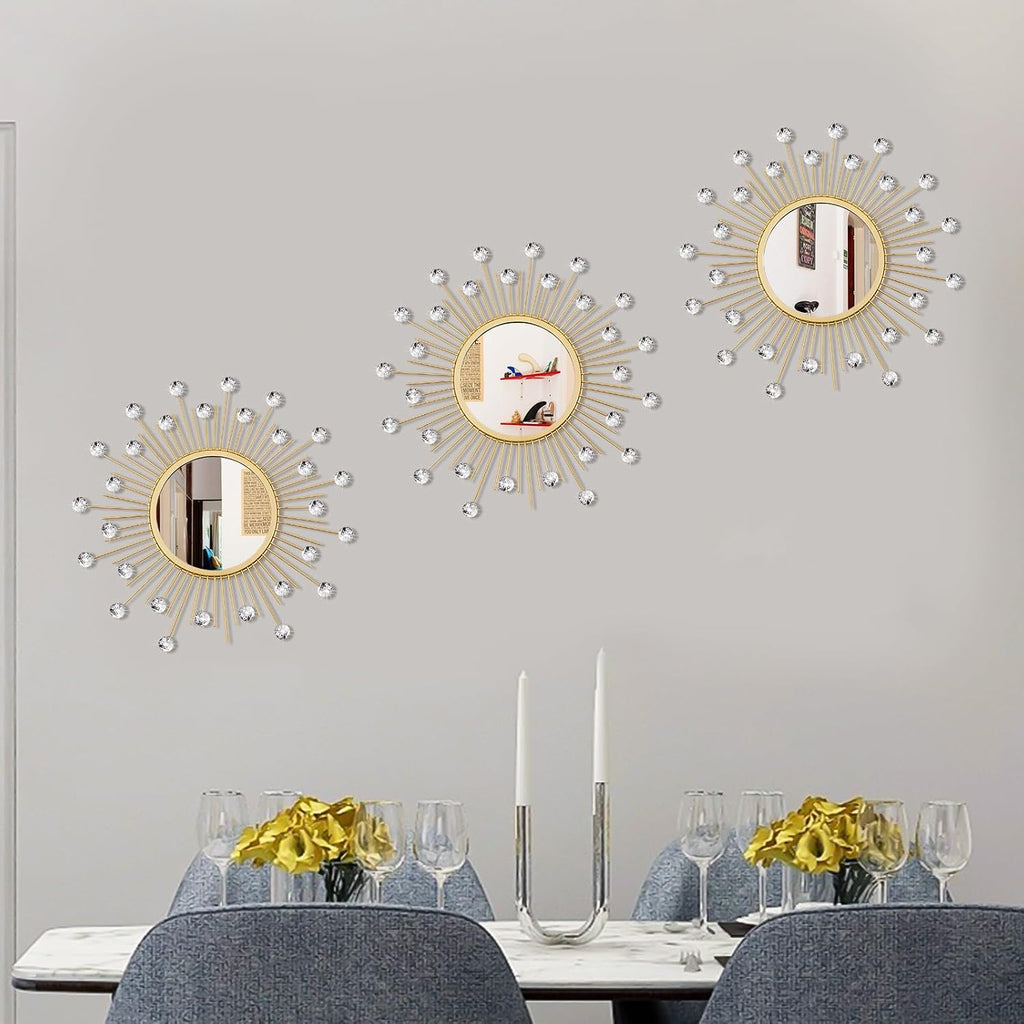 3 Pack Metal Mirrors for Wall Sunburst Wall Mirror Gold Crystal Home Accent