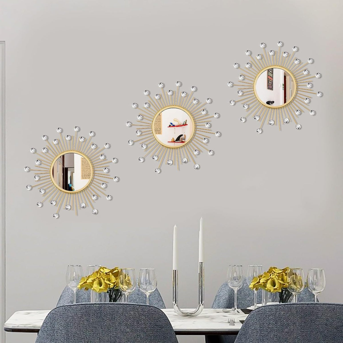 3 Pack Metal Mirrors for Wall Sunburst Wall Mirror Gold Crystal Home Accent