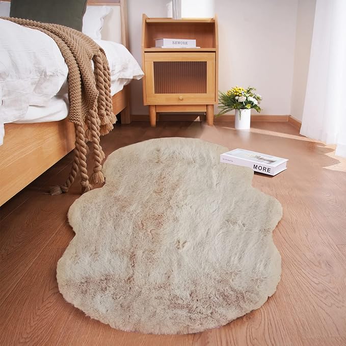 Ghouse Soft Faux Sheepskin Fur Rug 2x4 Light Brown Beige Fluffy Bedside Rugs by Ghouse
