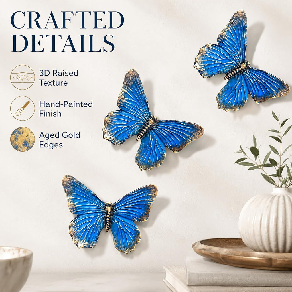 GUSFREUD 3D Butterfly Wall Decor Set – Resin Wall Decor for Living Room, Bedroom, Bathroom, Dining Room, Outdoor and Gallery Walls - Antique Blue - Set of 3