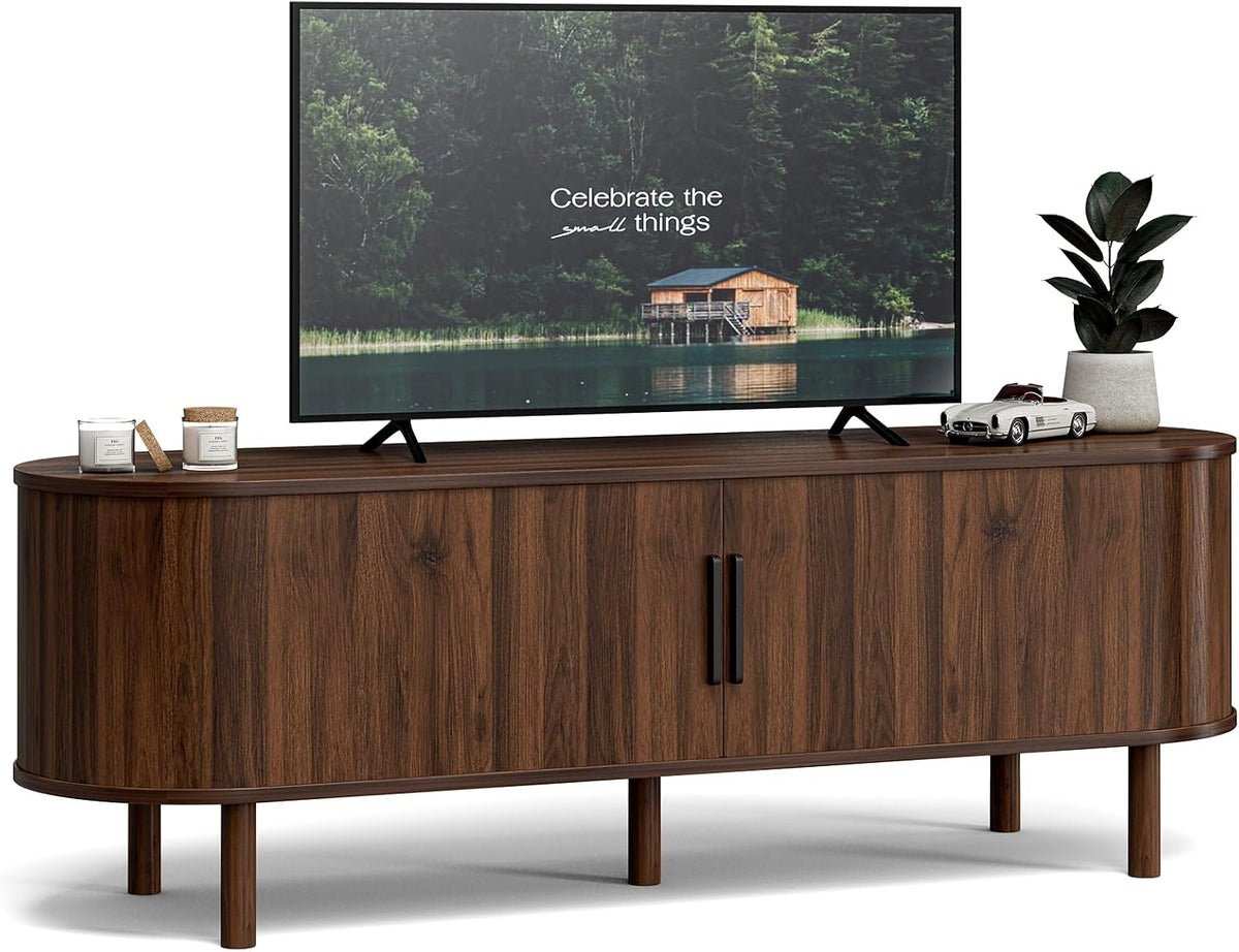 ZttRiee TV Stand with Sliding Doors for TVs up to 60", Mid-Century, Walnut