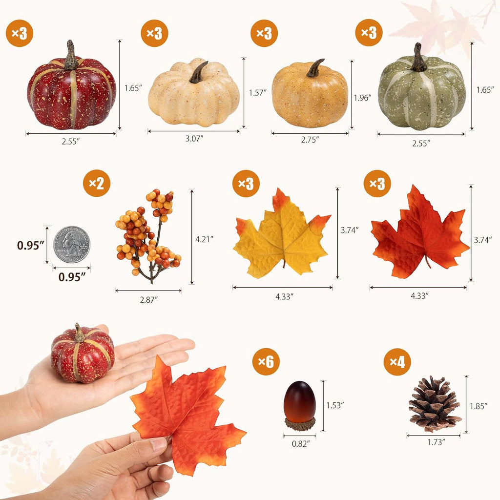 30Pcs Artificial Pumpkins Set, Assorted Fall Fake Pumpkins Acorns Pine Cones Berries Maple Leaves, Fall Decor for Halloween Thanksgiving Home Mantel Tabletop