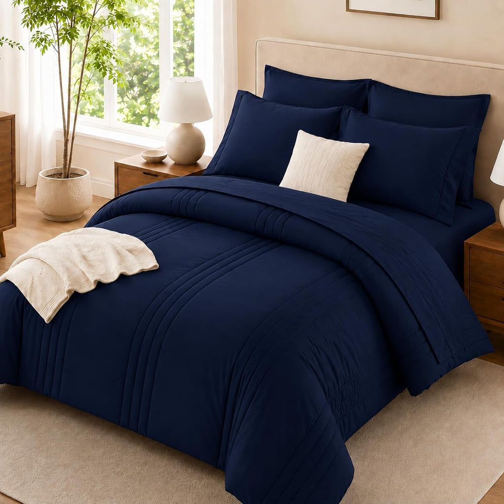 Queen Comforter Set with Sheets Navy Blue, 7 Pieces Bed in a Bag
