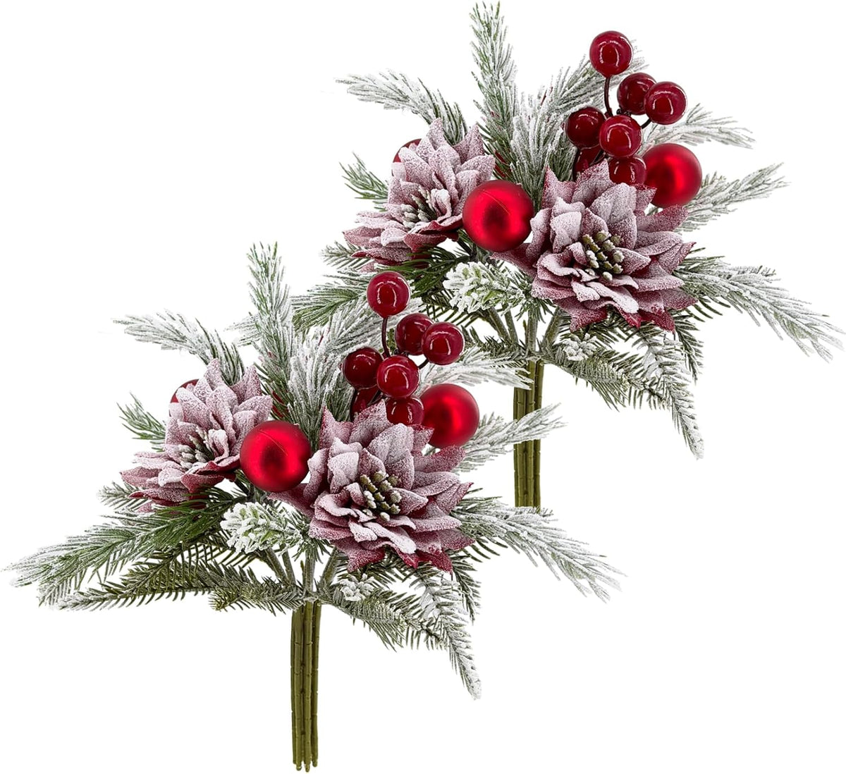 2 Pack Christmas Bouquet Red Winter Artificial Flowers Xmas Decor