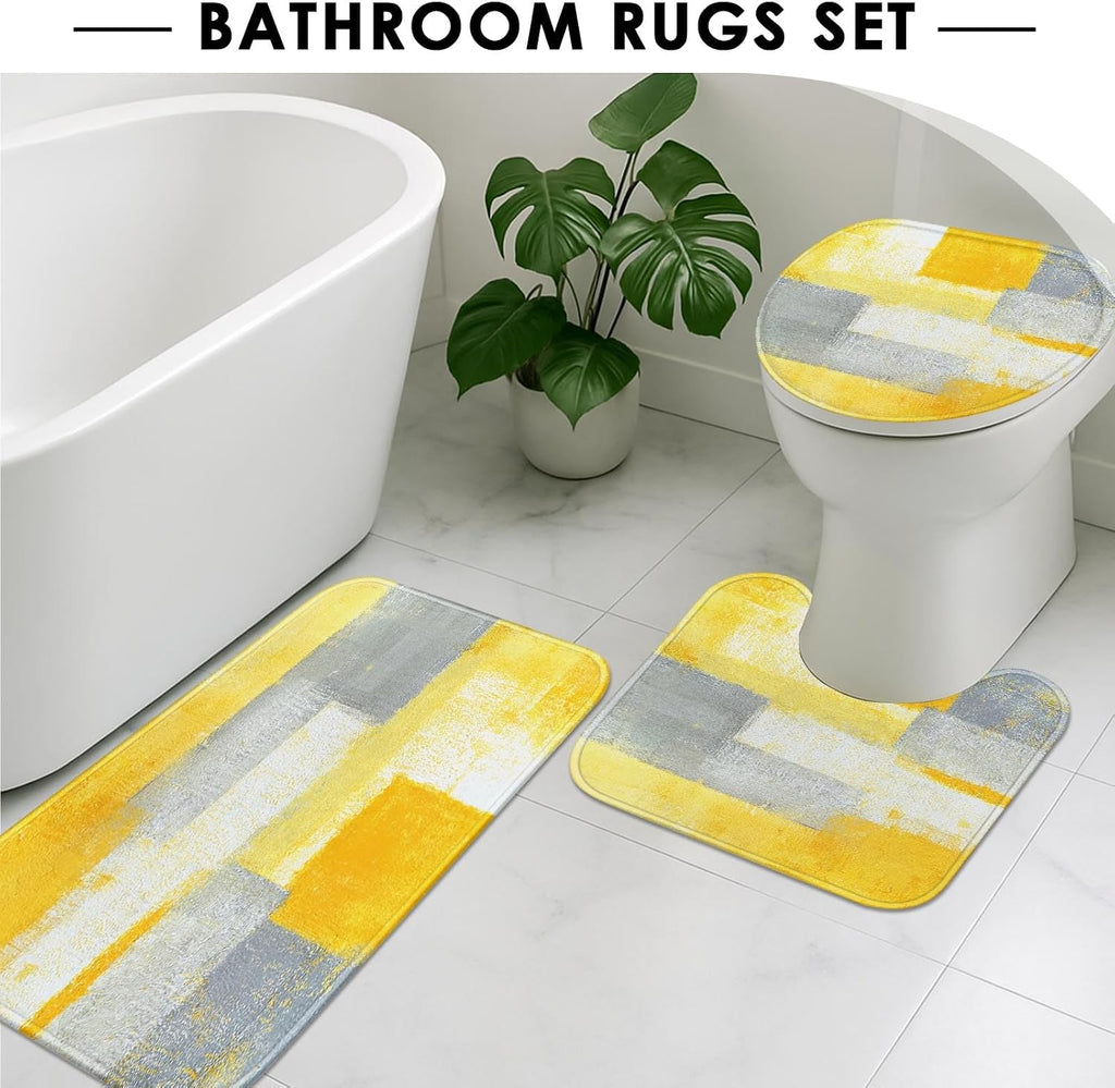 ArtSocket Bathroom Sets with Shower Curtain and Rugs, Set of 4 Grey Yellow