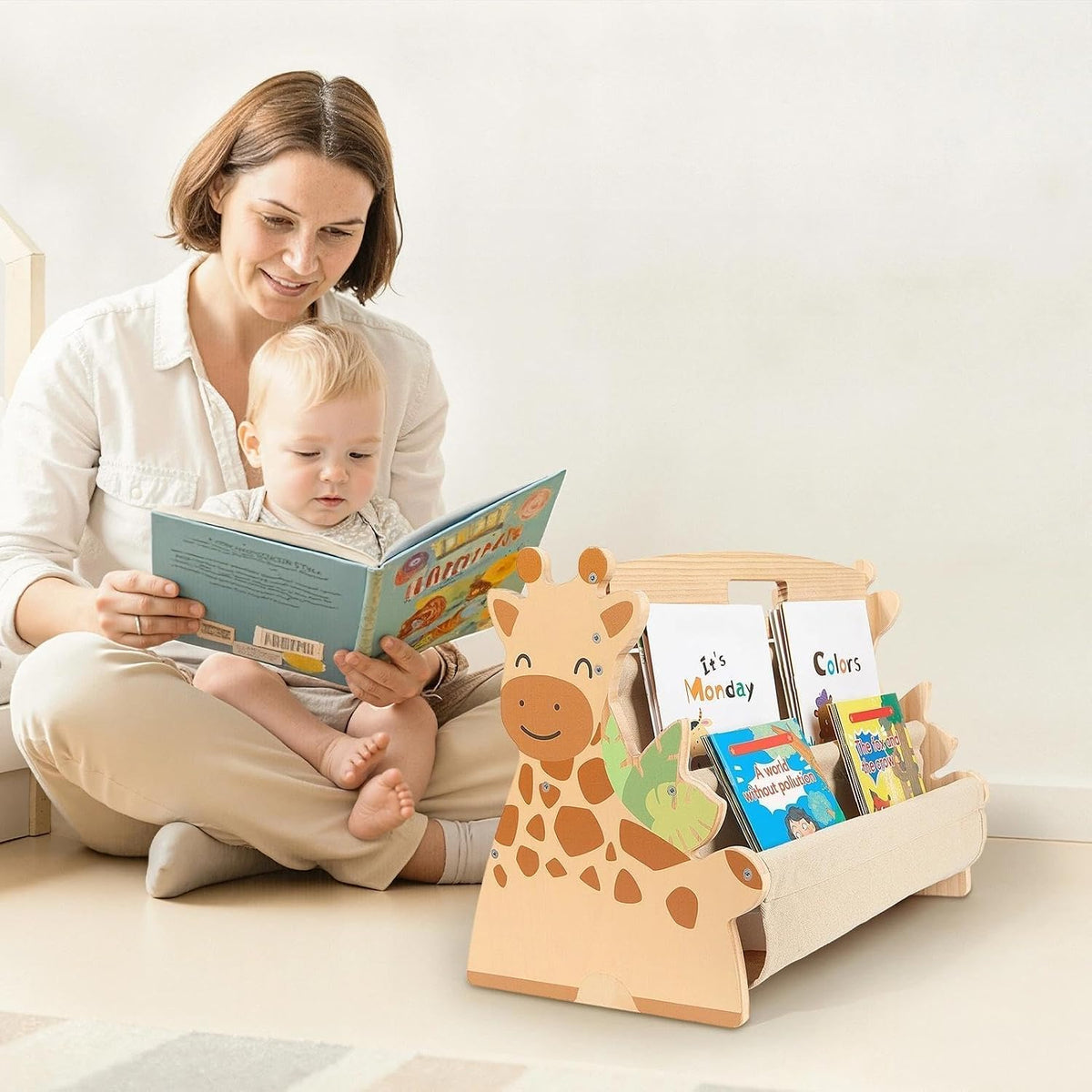 Toddler Bookshelf Double-Sided with 4 Tier Deep Sleeves Kids Wooden Montessori Book Rack for Baby Nursery Room, Playroom, Classroom or Bedroom Bookcase Storage Organizer, Light Wood Giraffe
