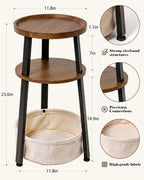 Small Round Side Table, 3-Tier End Table with Storage Basket